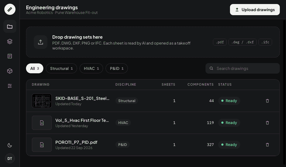 MeasureBook engineering drawings list with discipline, sheets and component counts