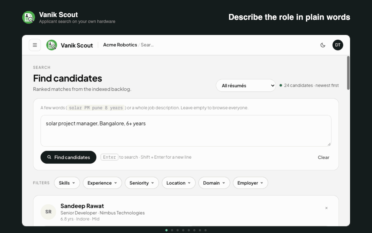 Vanik Scout candidate search with filters and ranked matches